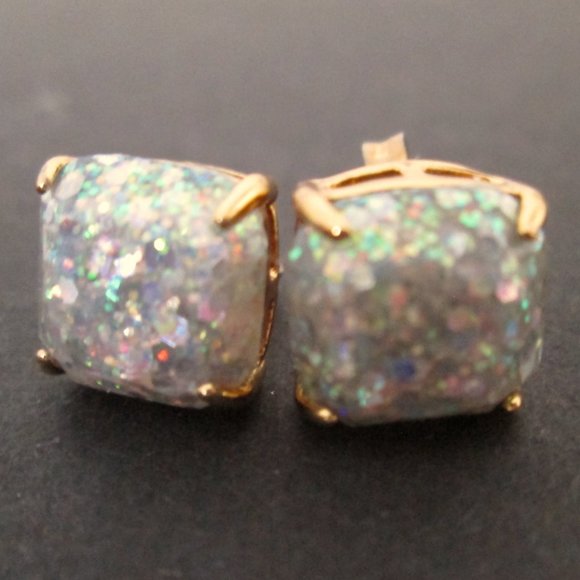 ♠ Kate Spade Opal Glitter Stud Earrings Gold Tone Square Cushion Resin Sparkly - Picture 7 of 12